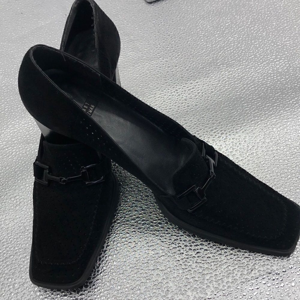 Stuart Weitzman black suede pinhole loafer heels